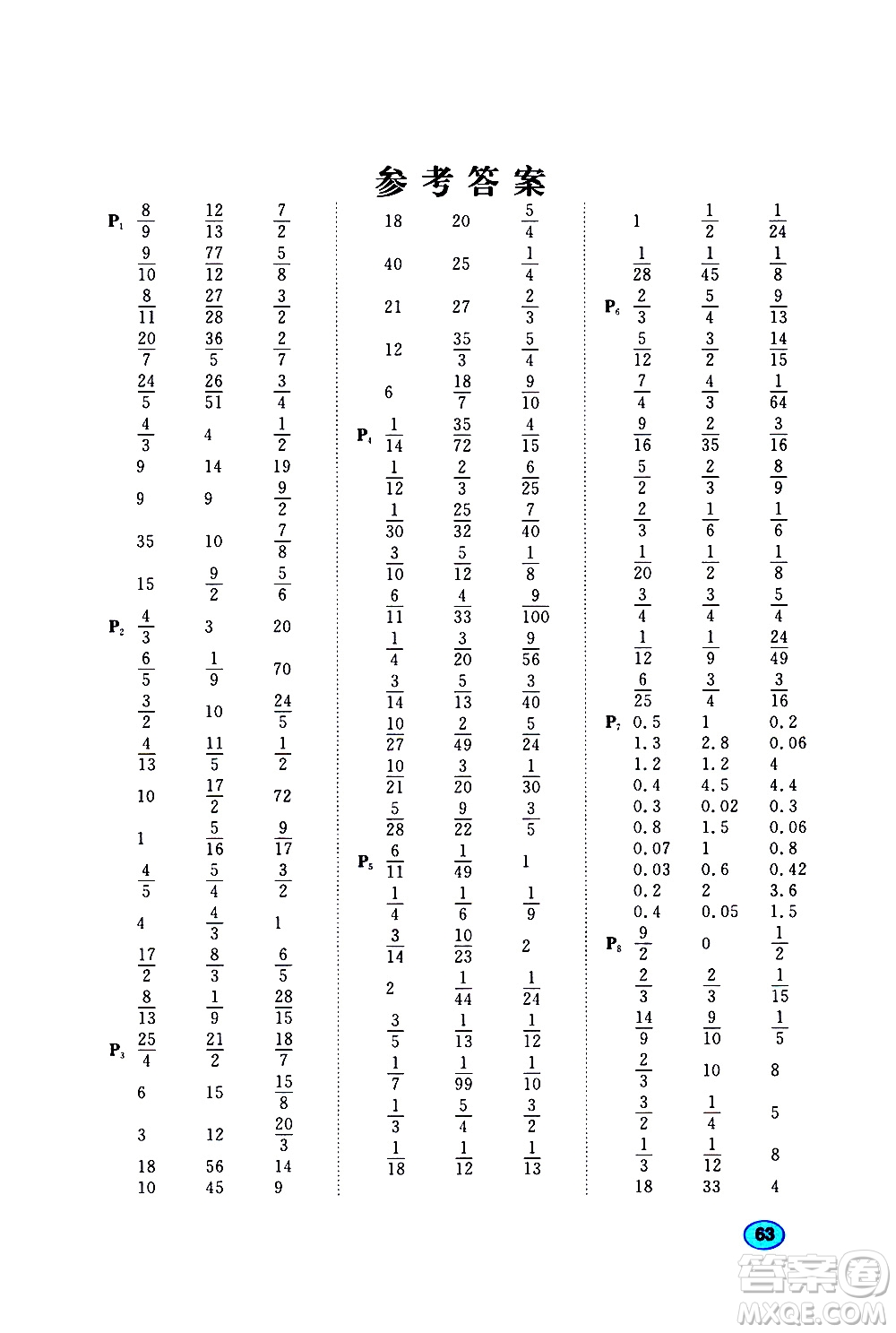 小兒郎2019年陽(yáng)光同學(xué)口算題數(shù)學(xué)RJ人教版六年級(jí)上冊(cè)參考答案