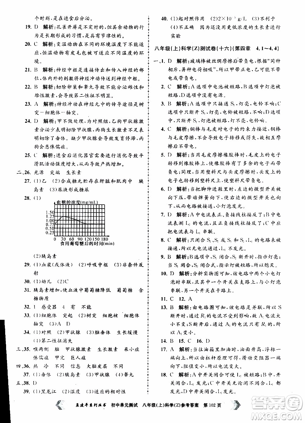 2019年孟建平系列叢書初中單元測試科學(xué)八年級上冊Z版浙教版參考答案