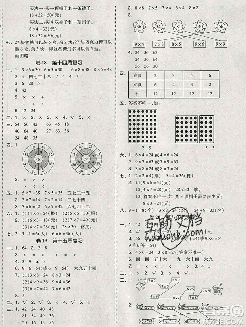 全品小復(fù)習(xí)小學(xué)數(shù)學(xué)二年級上冊北師版2019秋新版答案