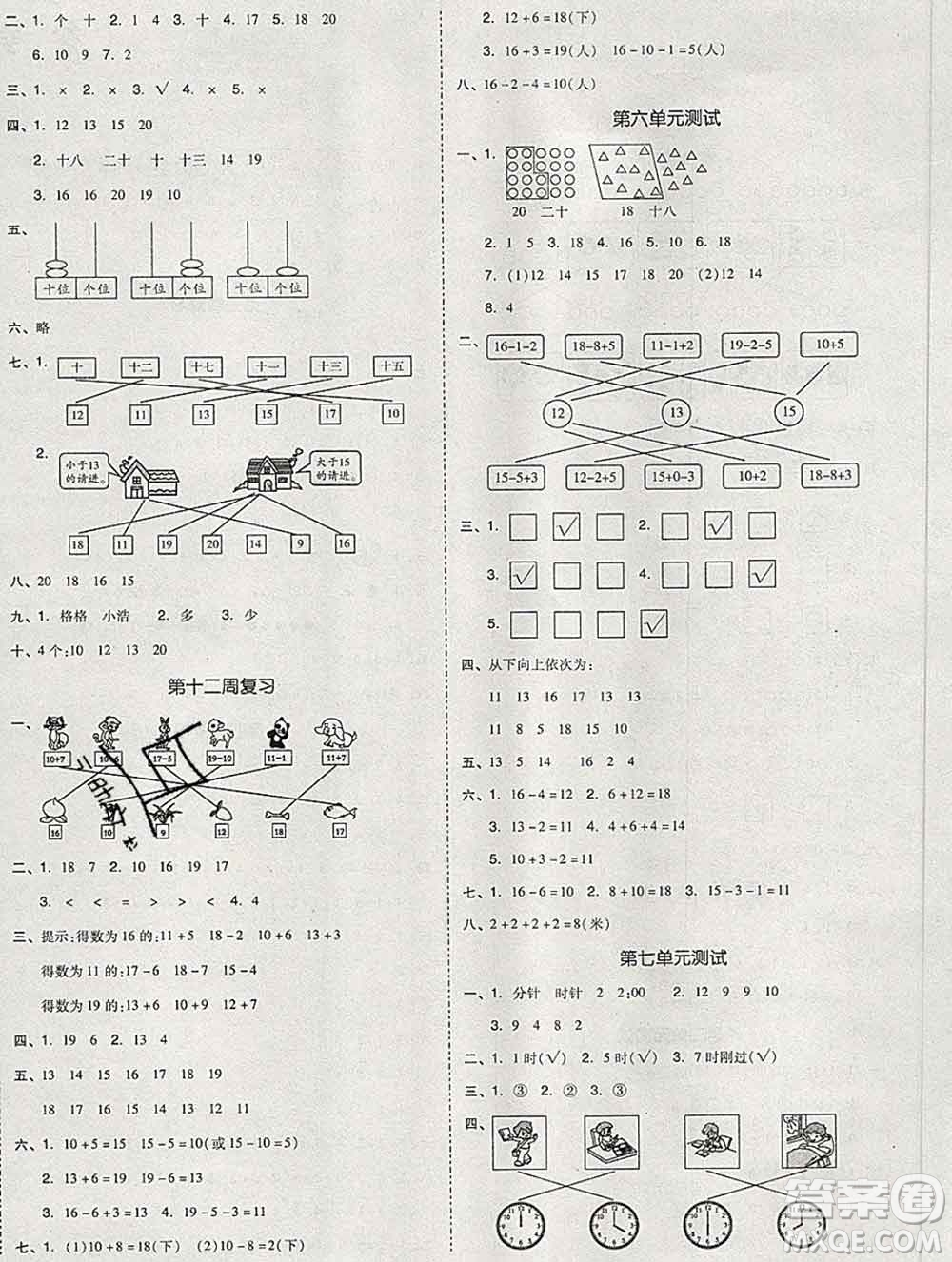 全品小復(fù)習(xí)小學(xué)數(shù)學(xué)一年級上冊人教版2019秋新版答案