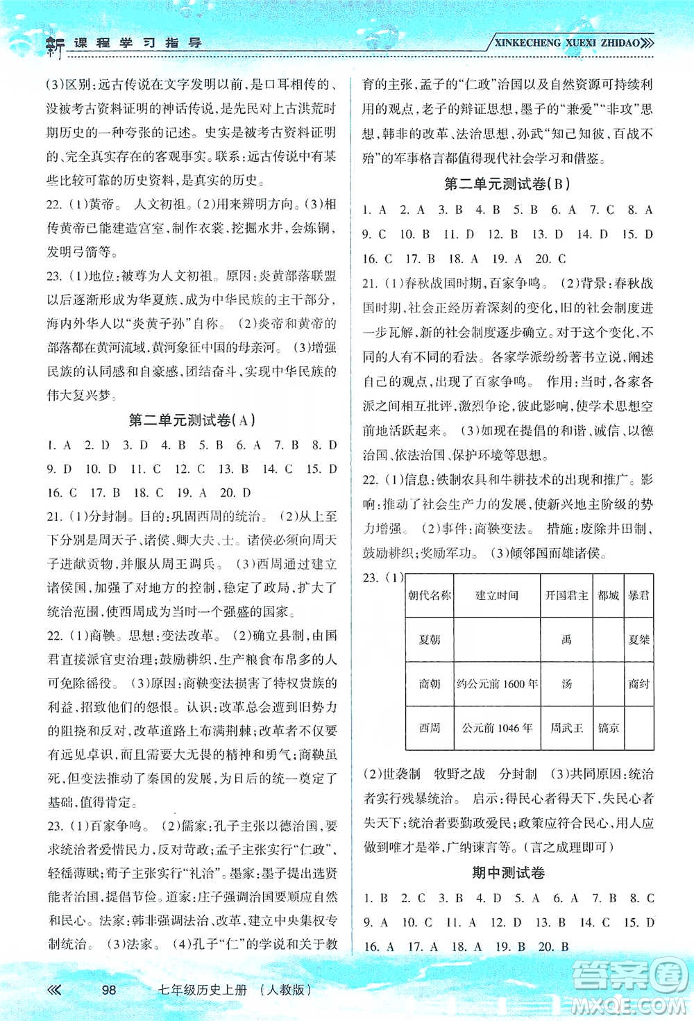 南方出版社2019新課程學(xué)習(xí)指導(dǎo)七年級歷史上冊人教版答案