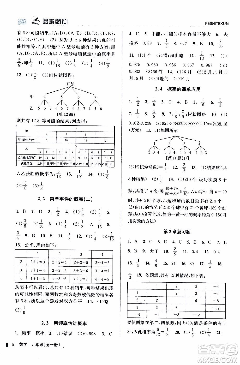 2019年浙江新課程三維目標測評課時特訓數(shù)學九年級全一冊Z浙教版參考答案