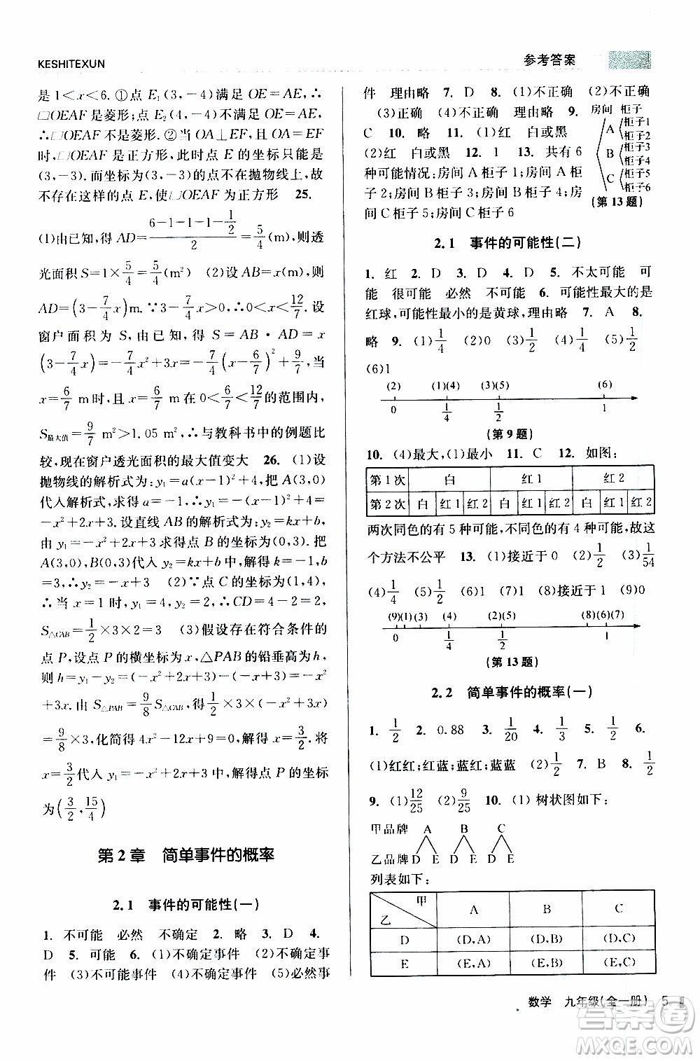 2019年浙江新課程三維目標測評課時特訓數(shù)學九年級全一冊Z浙教版參考答案