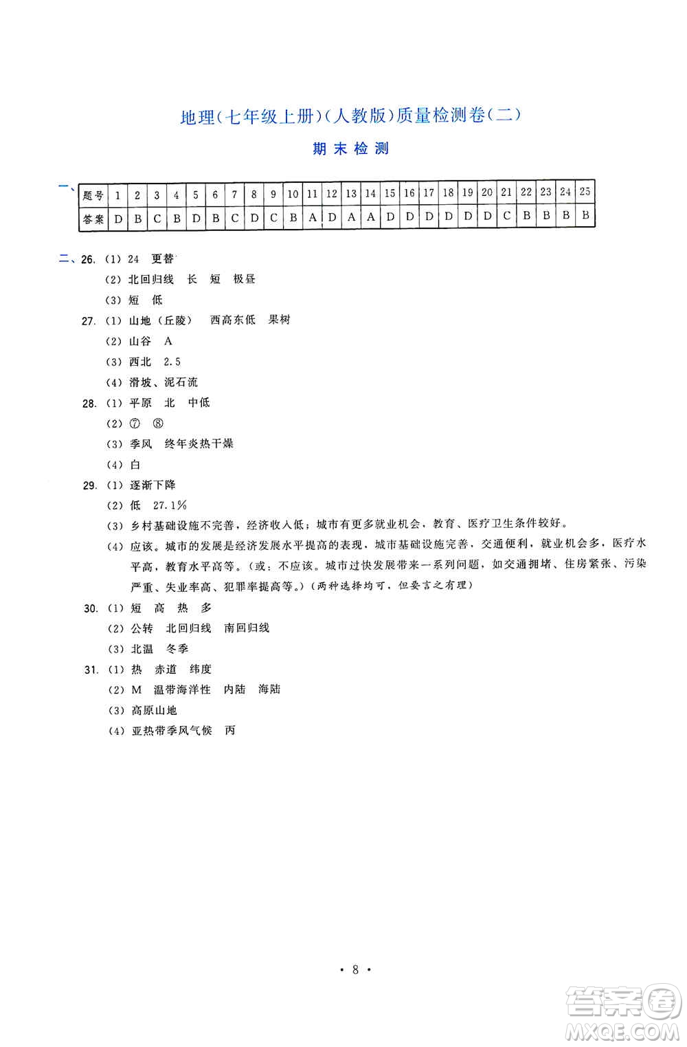 福建人民出版社2019頂尖課課練七年級地理上冊人教版答案