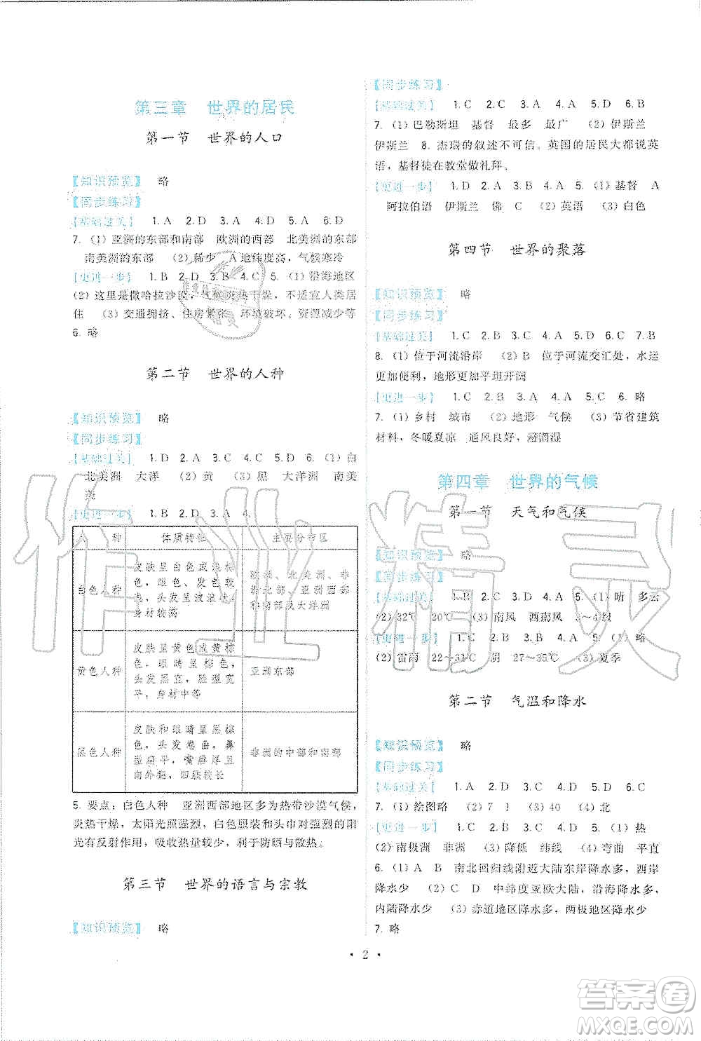 福建人民出版社2019頂尖課課練七年級(jí)地理上冊湘教版答案