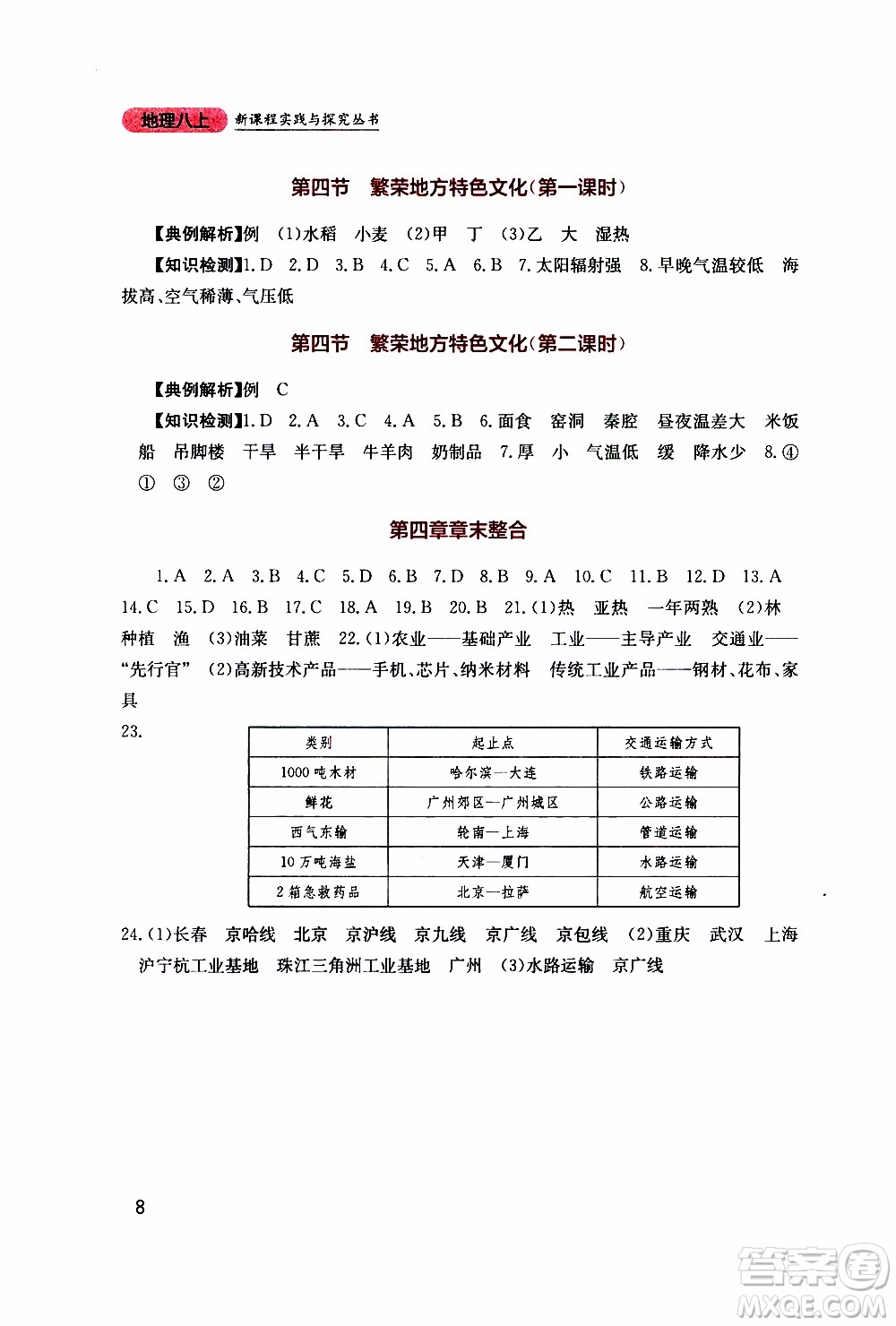 2019年新課程實踐與探究叢書地理八年級上冊星球版參考答案