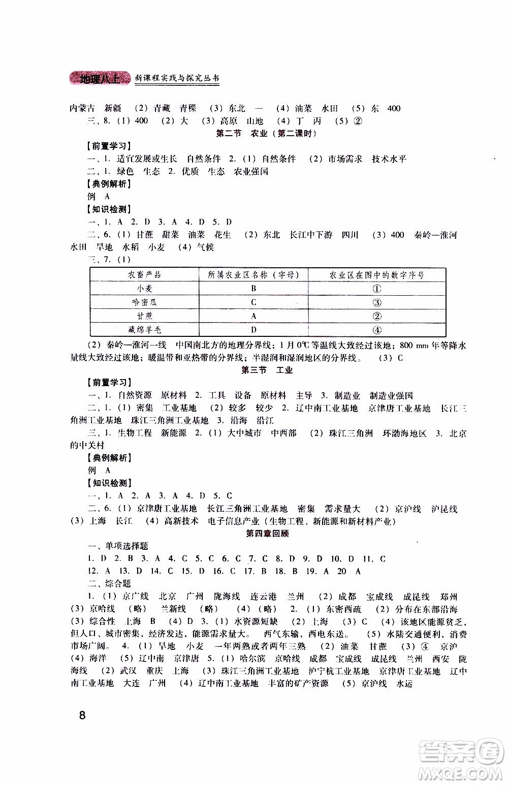 2019年新課程實(shí)踐與探究叢書地理八年級(jí)上冊(cè)人教版參考答案