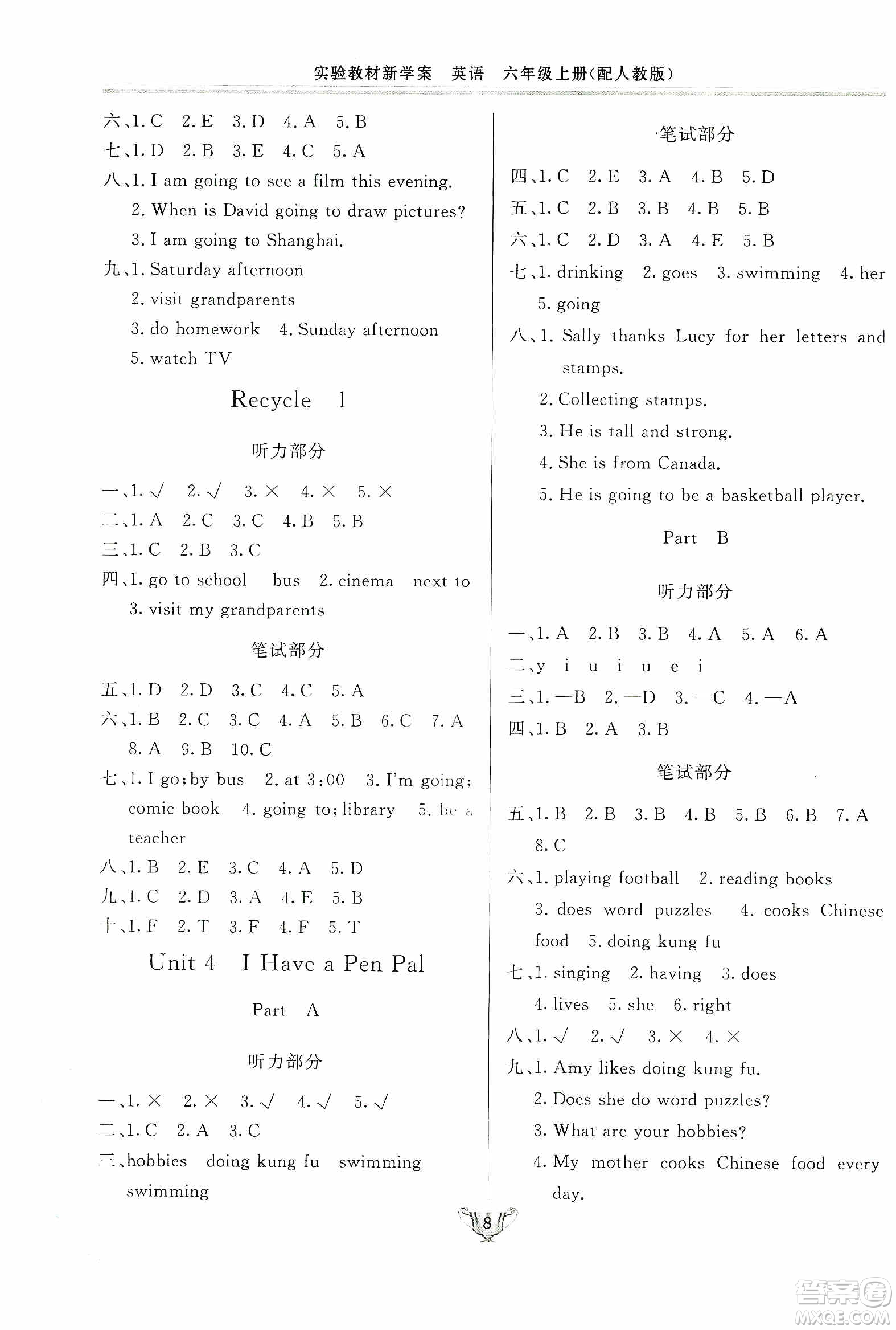 陜西人民出版社2019實(shí)驗(yàn)教材新學(xué)案六年級上冊英語PEP版答案