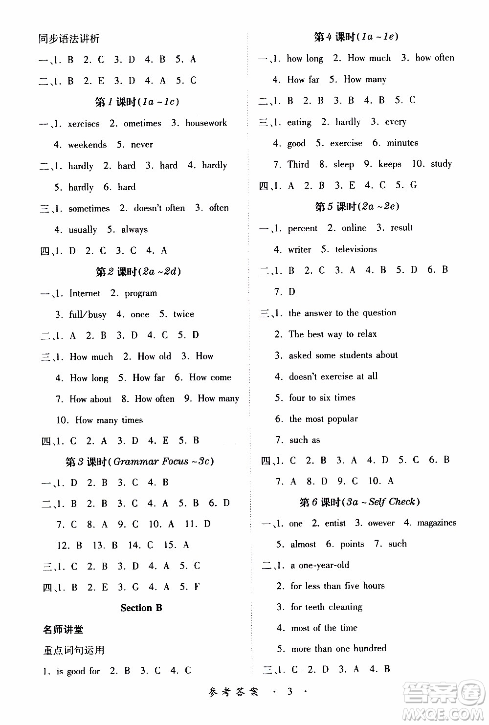 2019年一課一練創(chuàng)新練習(xí)八年級(jí)上冊(cè)英語人教版參考答案