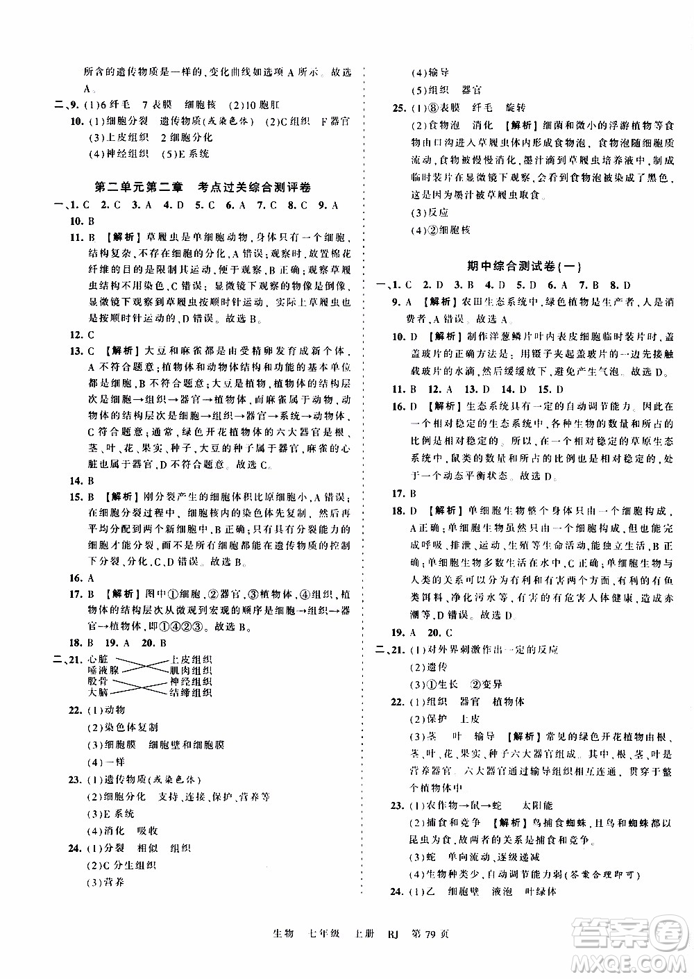 2019王朝霞考點(diǎn)梳理時習(xí)卷生物七年級上冊RJ版人教版參考答案