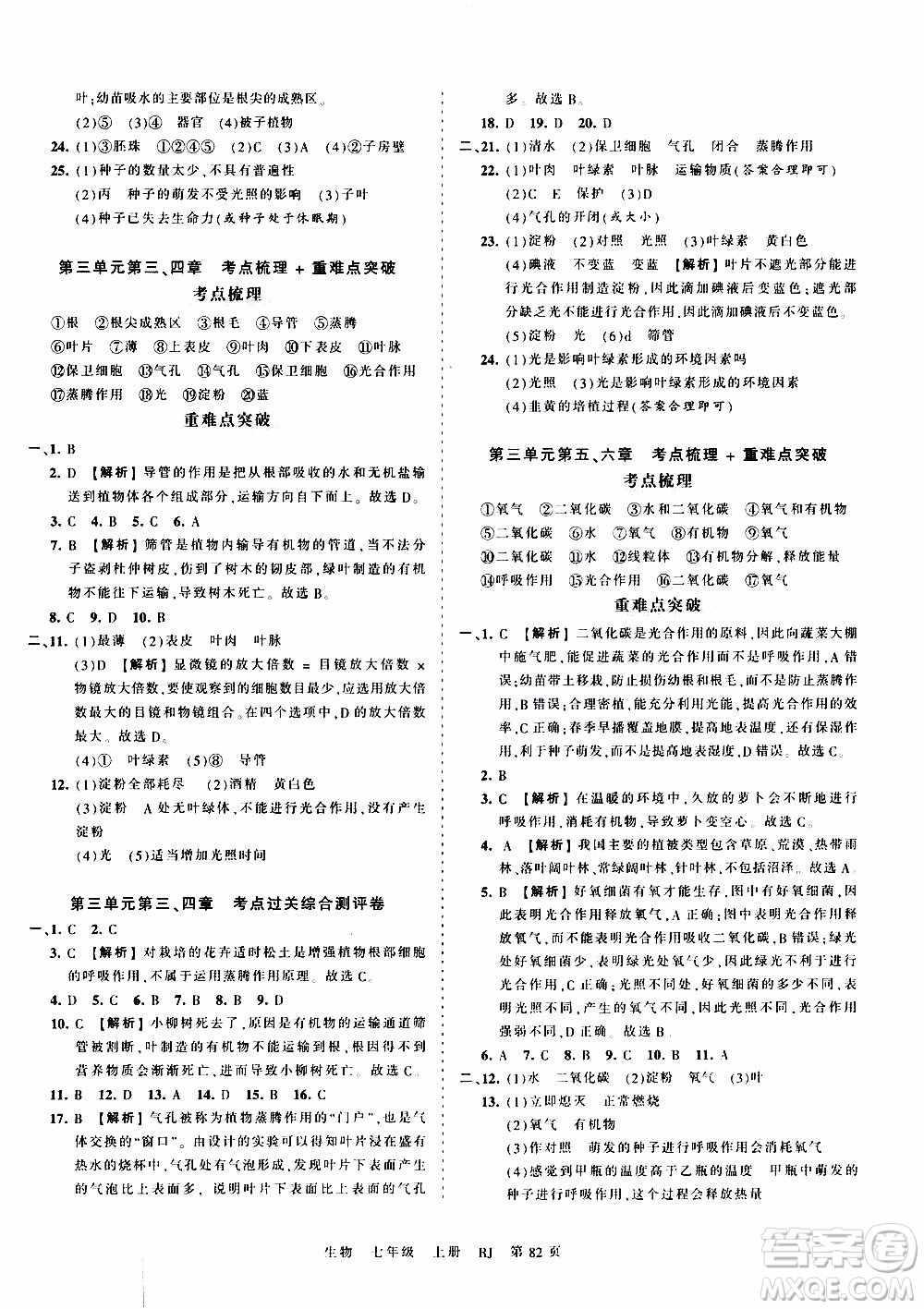 2019王朝霞考點(diǎn)梳理時習(xí)卷生物七年級上冊RJ版人教版參考答案