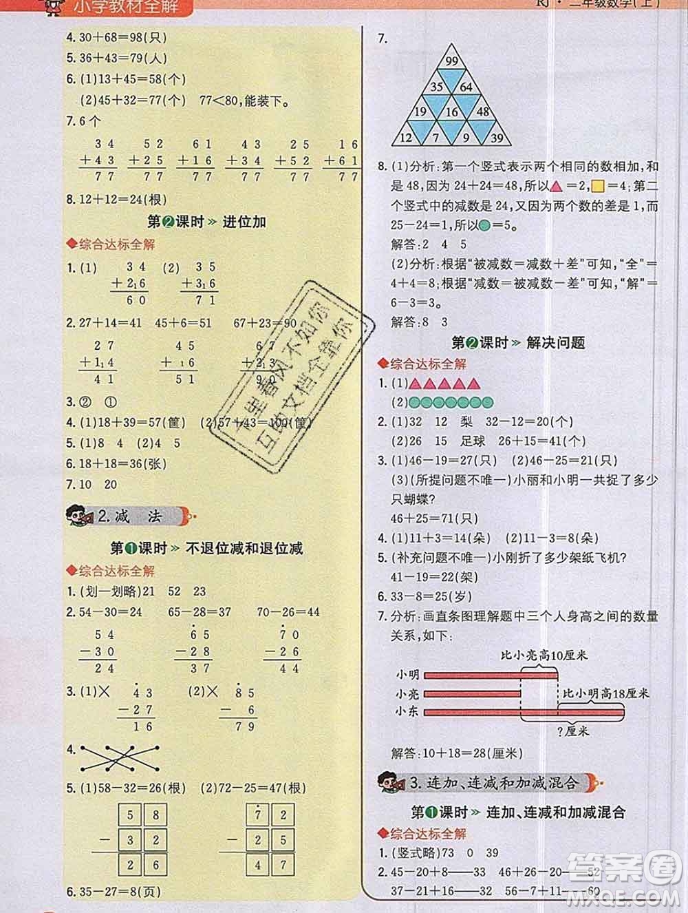 陜西人民教育出版社2019秋小學教材全解二年級數學上冊人教版答案