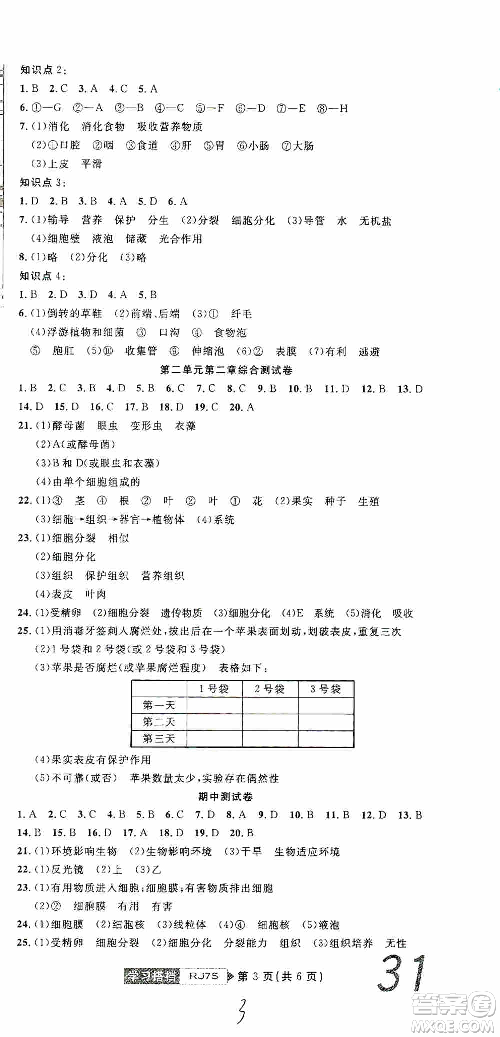 湖北教育出版社2019全優(yōu)標(biāo)準(zhǔn)卷7年級生物上冊答案