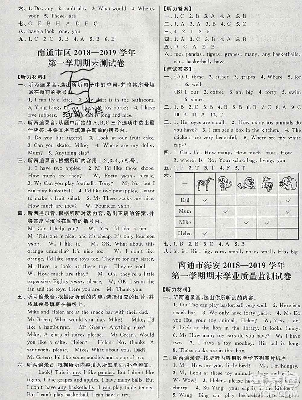 新世紀(jì)出版社2019年同步跟蹤全程檢測四年級英語上冊蘇教版答案