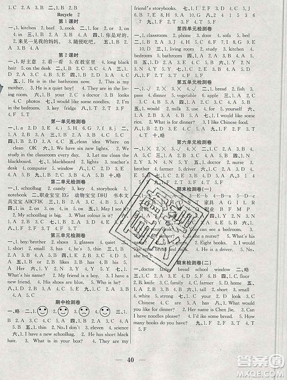 合肥工業(yè)大學(xué)出版社2019秋贏在課堂四年級(jí)英語(yǔ)上冊(cè)人教版RJ答案