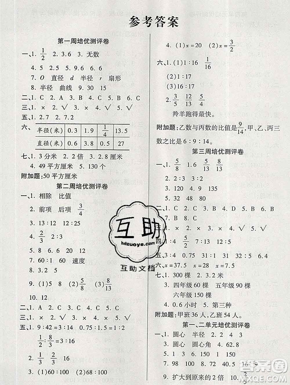 武漢大學(xué)出版社2019秋新版培優(yōu)名卷全能卷六年級(jí)數(shù)學(xué)冀教版B版答案