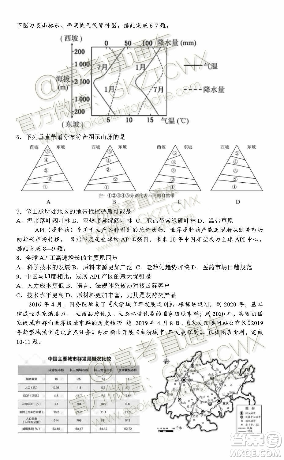 重慶巴蜀中學2020屆高三一診模擬測試卷文綜試題答案