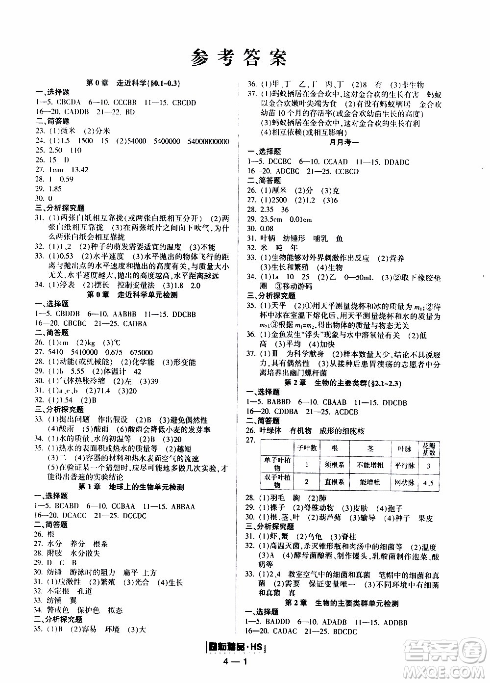 勵(lì)耘書業(yè)2019年勵(lì)耘活頁七年級(jí)上冊(cè)科學(xué)華師大版參考答案