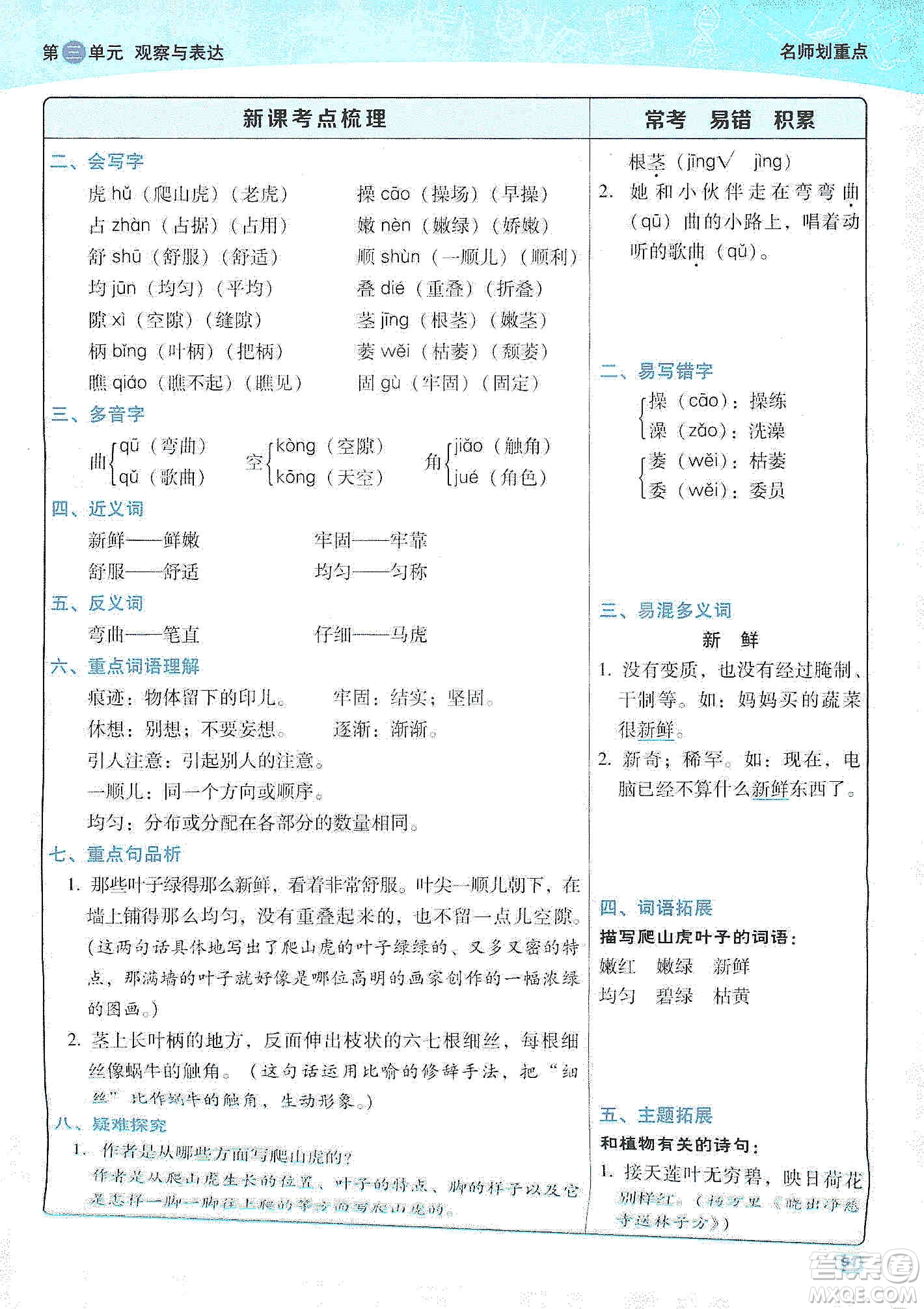 2019典中點名師劃重點四年級語文上冊人教版答案