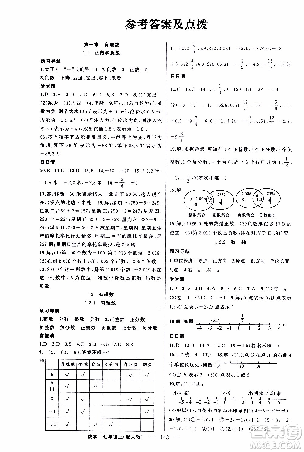 2019年我的書(shū)會(huì)講課四清導(dǎo)航數(shù)學(xué)七年級(jí)上人教版參考答案