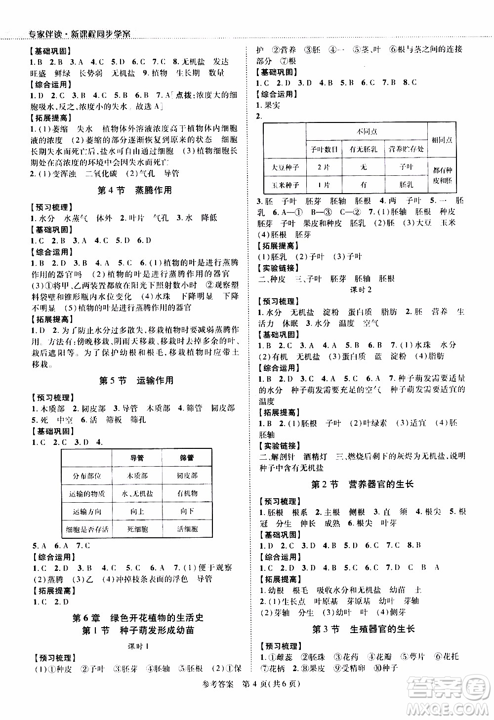 2019年新課程同步學(xué)案生物學(xué)七年級上冊北師大版參考答案