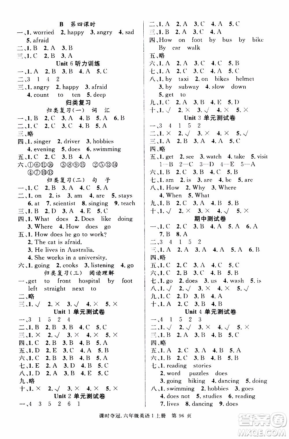 先鋒系列圖書2019年課時(shí)奪冠六年級(jí)上冊(cè)英語(yǔ)PEP人教版參考答案