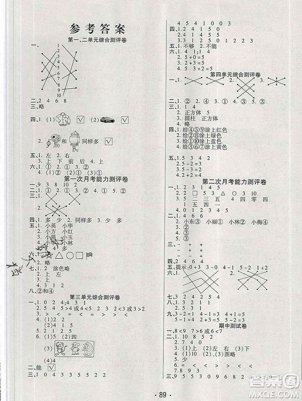 云南教育出版社2019秋新版名校提分一卷通一年級數(shù)學(xué)上冊人教版答案