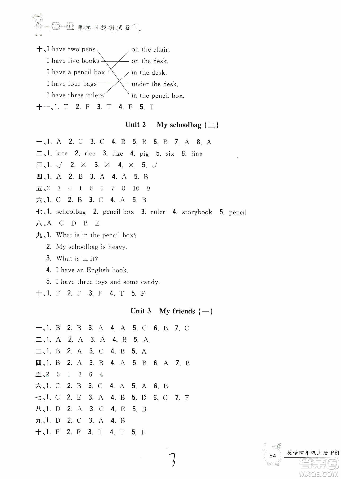 浙江工商大學(xué)出版社2019一卷一練單元同步測(cè)試卷四年級(jí)英語(yǔ)上冊(cè)人教PEP版答案