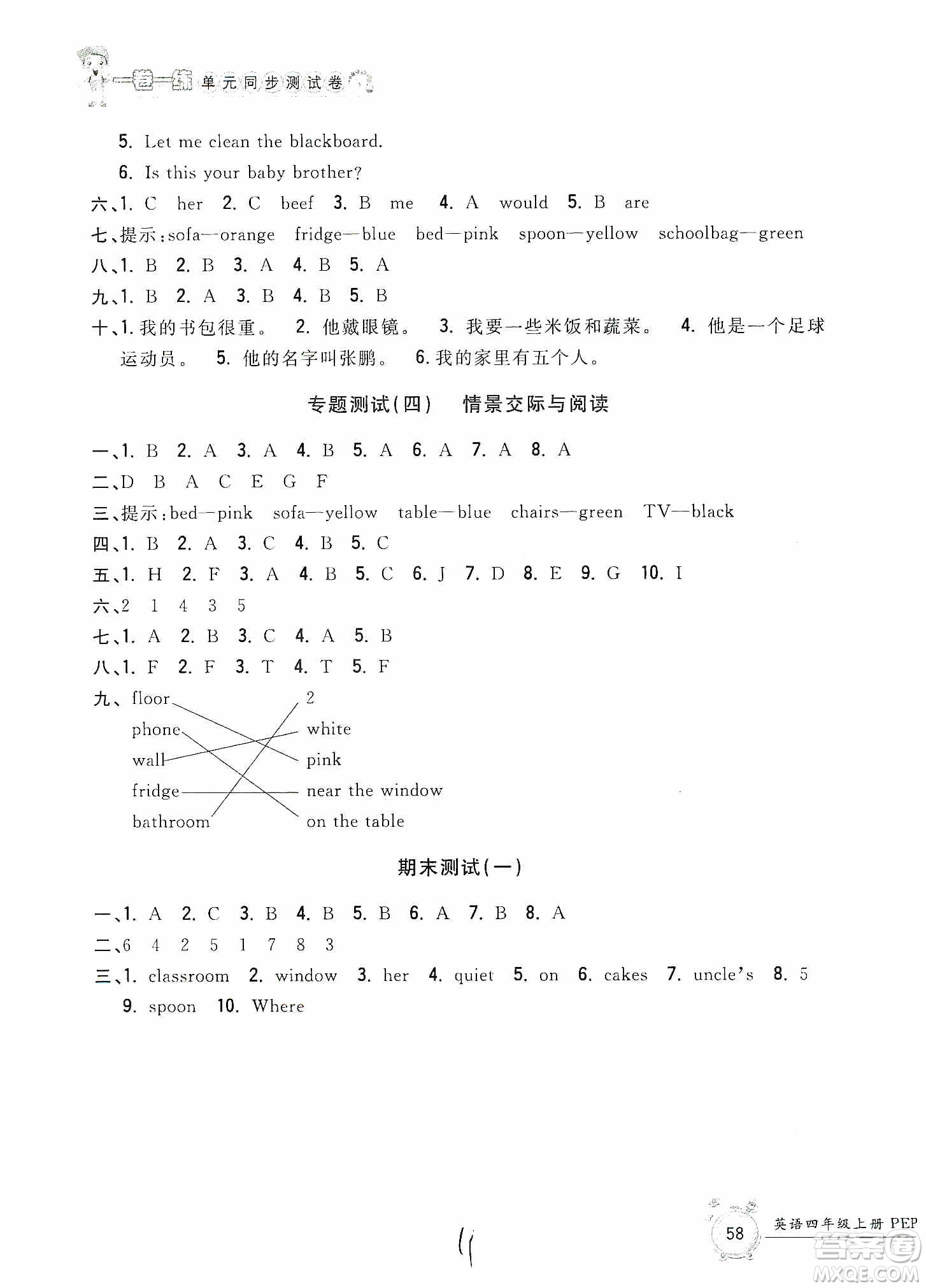 浙江工商大學(xué)出版社2019一卷一練單元同步測(cè)試卷四年級(jí)英語(yǔ)上冊(cè)人教PEP版答案