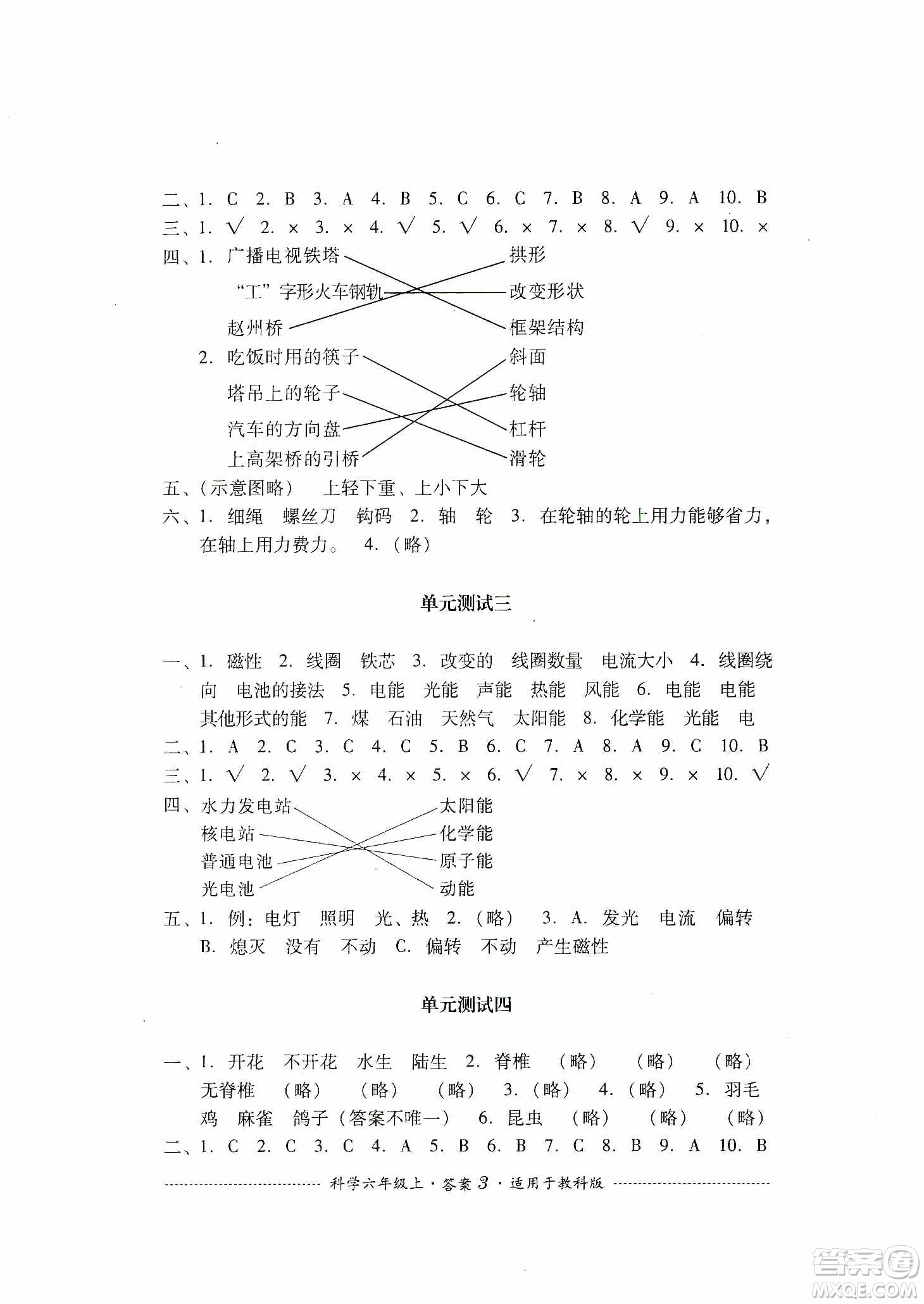 四川教育出版社2019課程標準小學單元測試科學六年級上冊教科版答案