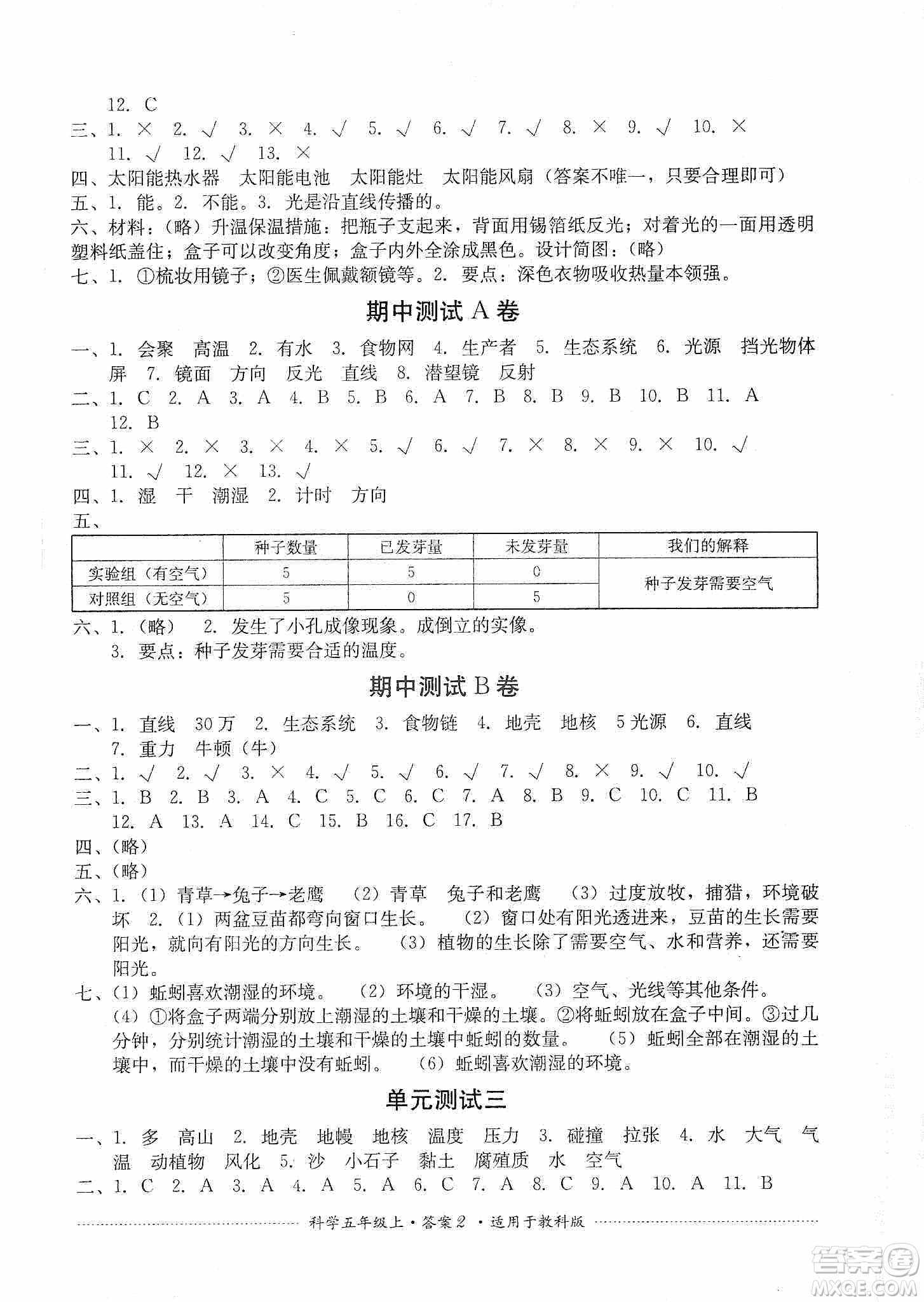 四川教育出版社2019課程標準小學單元測試五年級科學上冊教科版答案