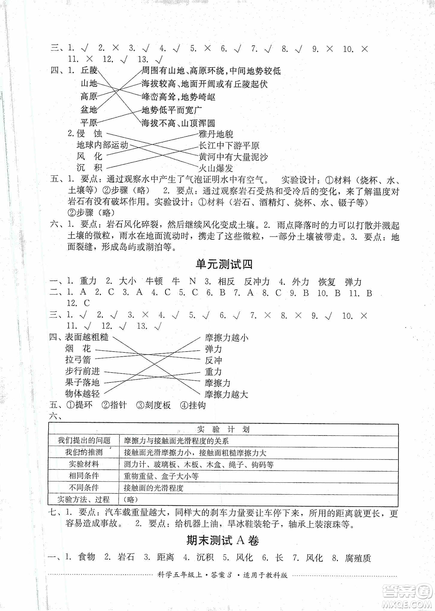 四川教育出版社2019課程標準小學單元測試五年級科學上冊教科版答案