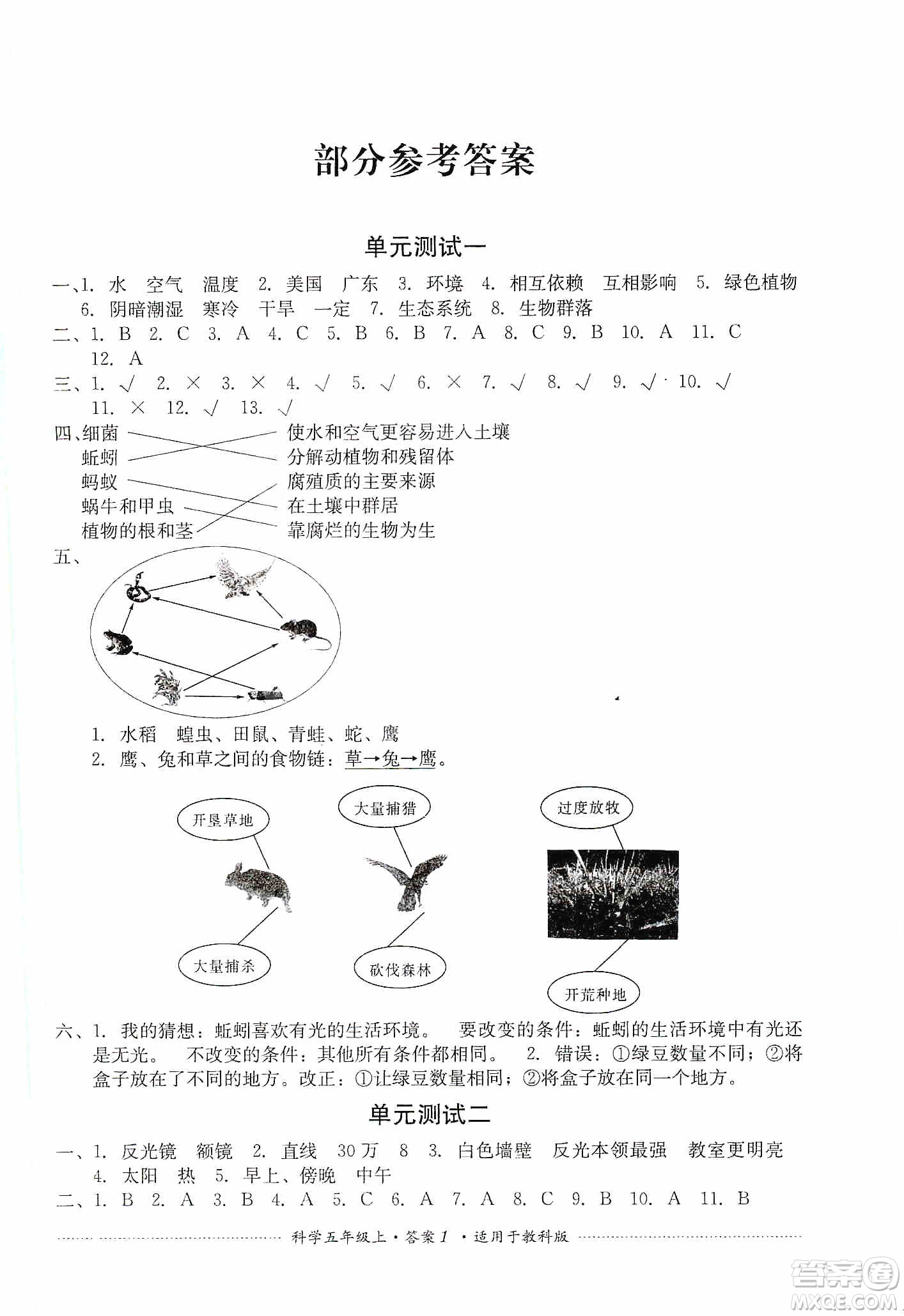 四川教育出版社2019課程標準小學單元測試五年級科學上冊教科版答案