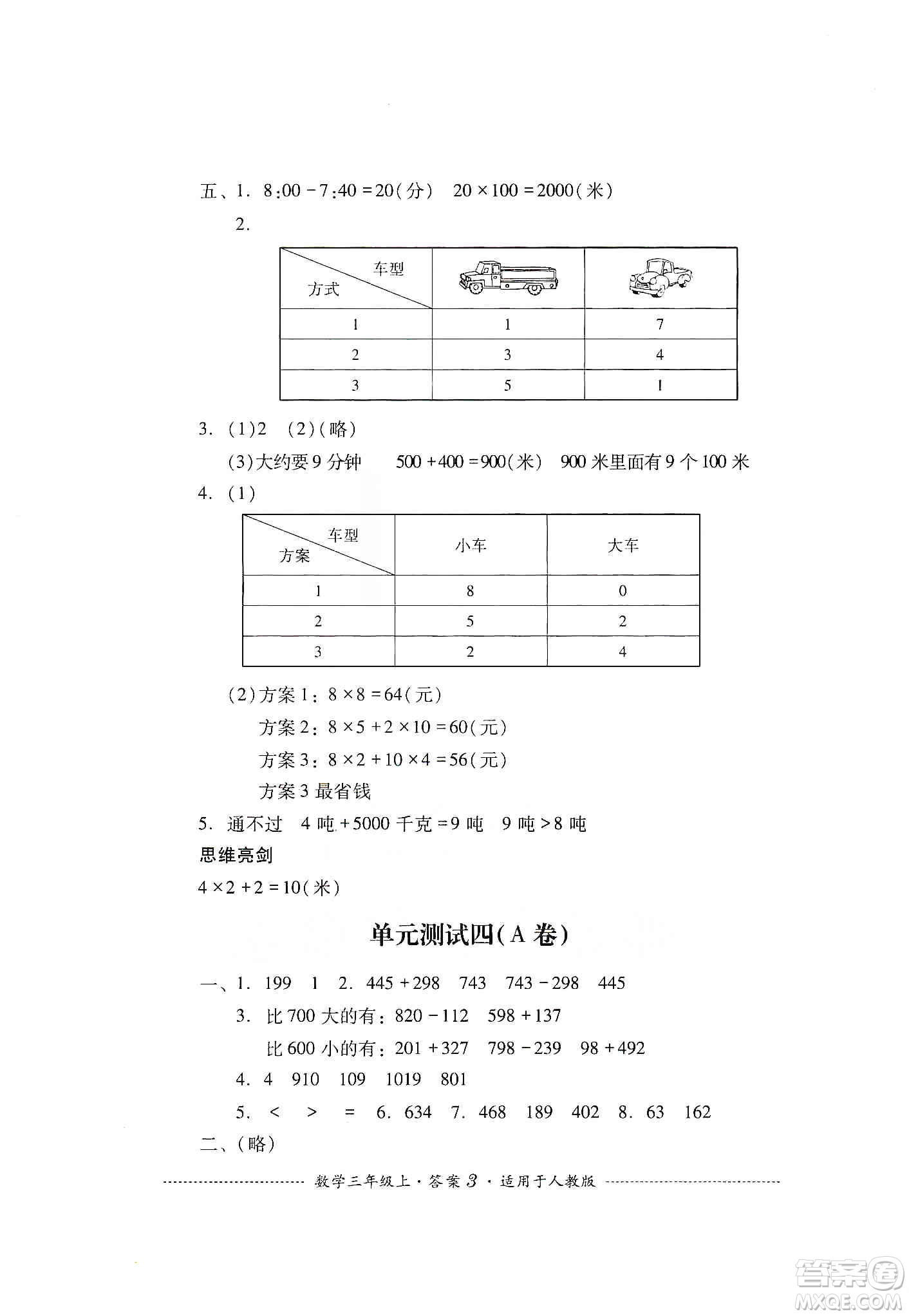 四川教育出版社2019課程標(biāo)準(zhǔn)小學(xué)單元測試三年級數(shù)學(xué)上冊人教版答案