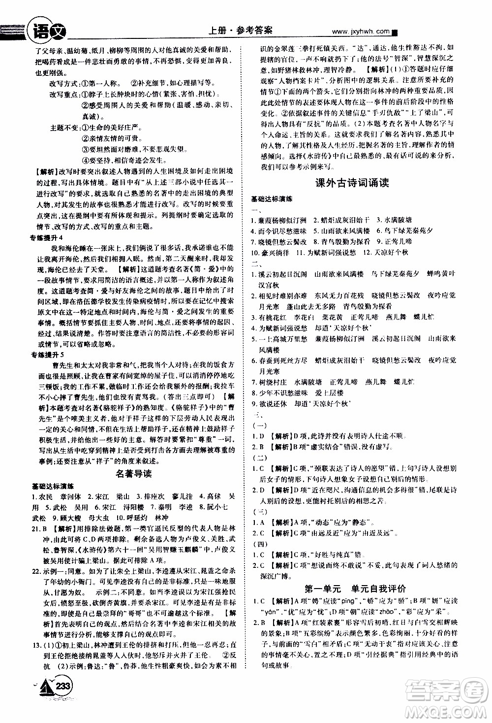 宇恒文化2019年學(xué)海風(fēng)暴初中同步系列語(yǔ)文九年級(jí)上冊(cè)RJ人教版參考答案