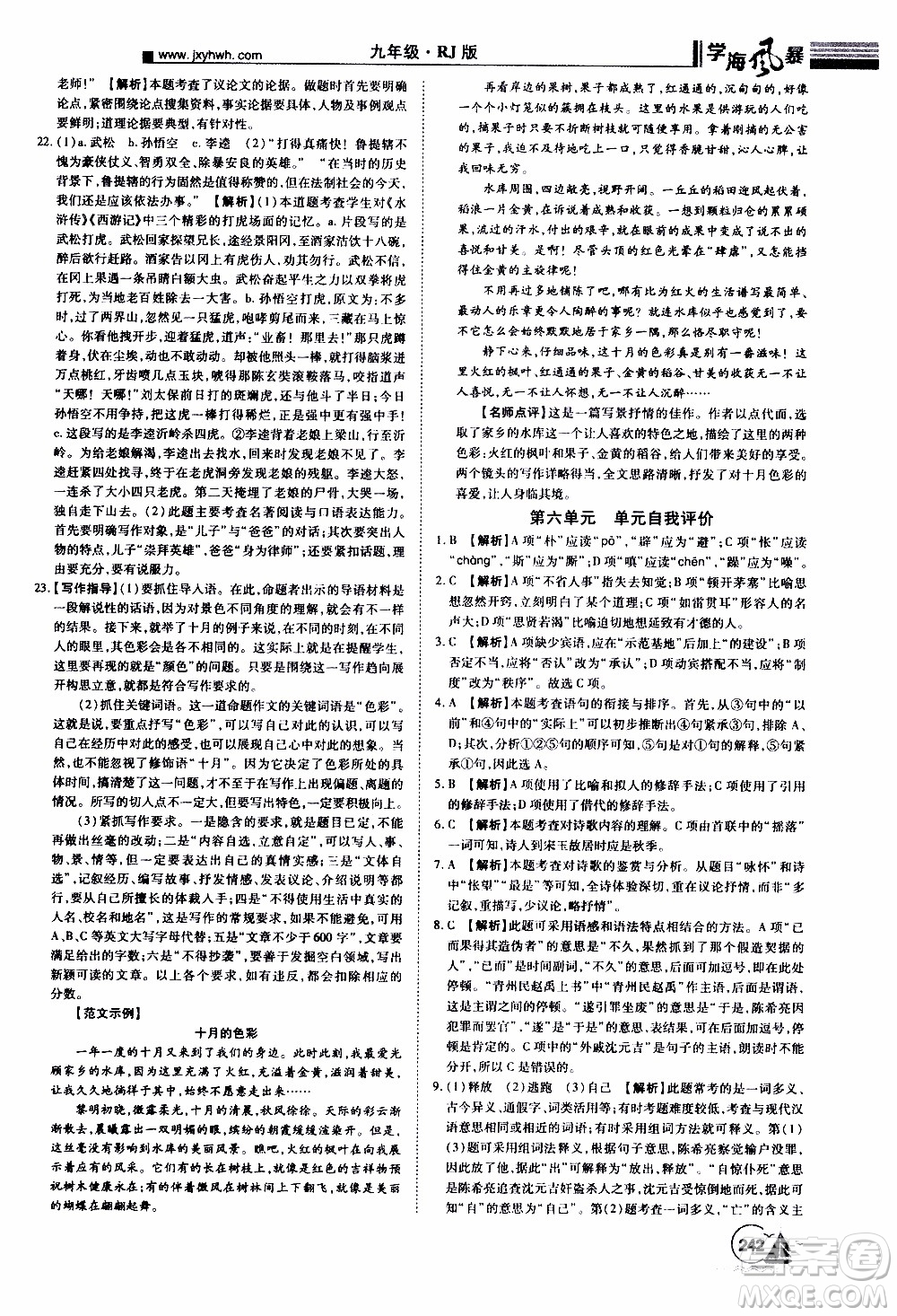 宇恒文化2019年學(xué)海風(fēng)暴初中同步系列語(yǔ)文九年級(jí)上冊(cè)RJ人教版參考答案