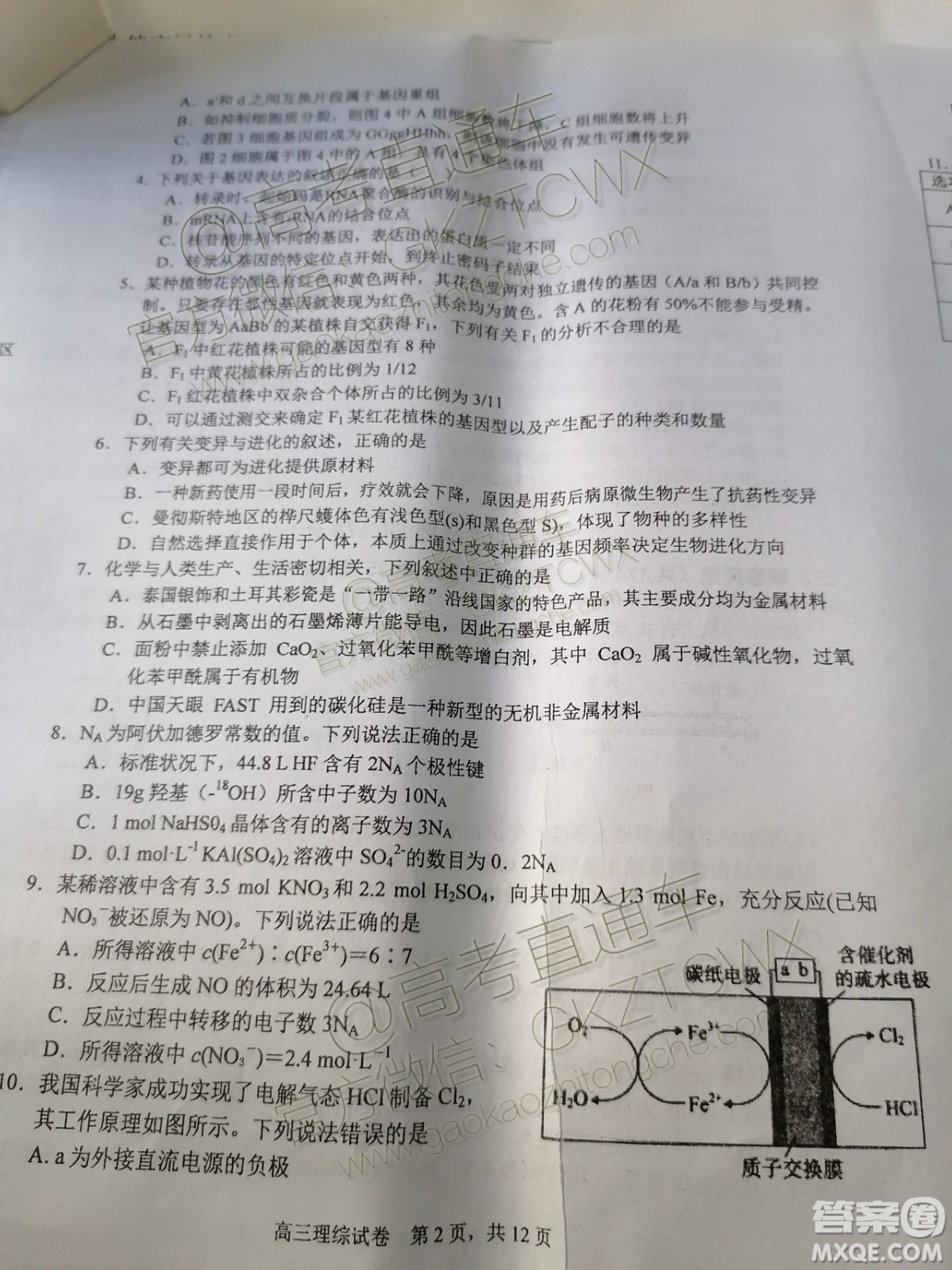 2020屆江西省上饒市民?？荚嚶?lián)盟高三理科綜合試題答案