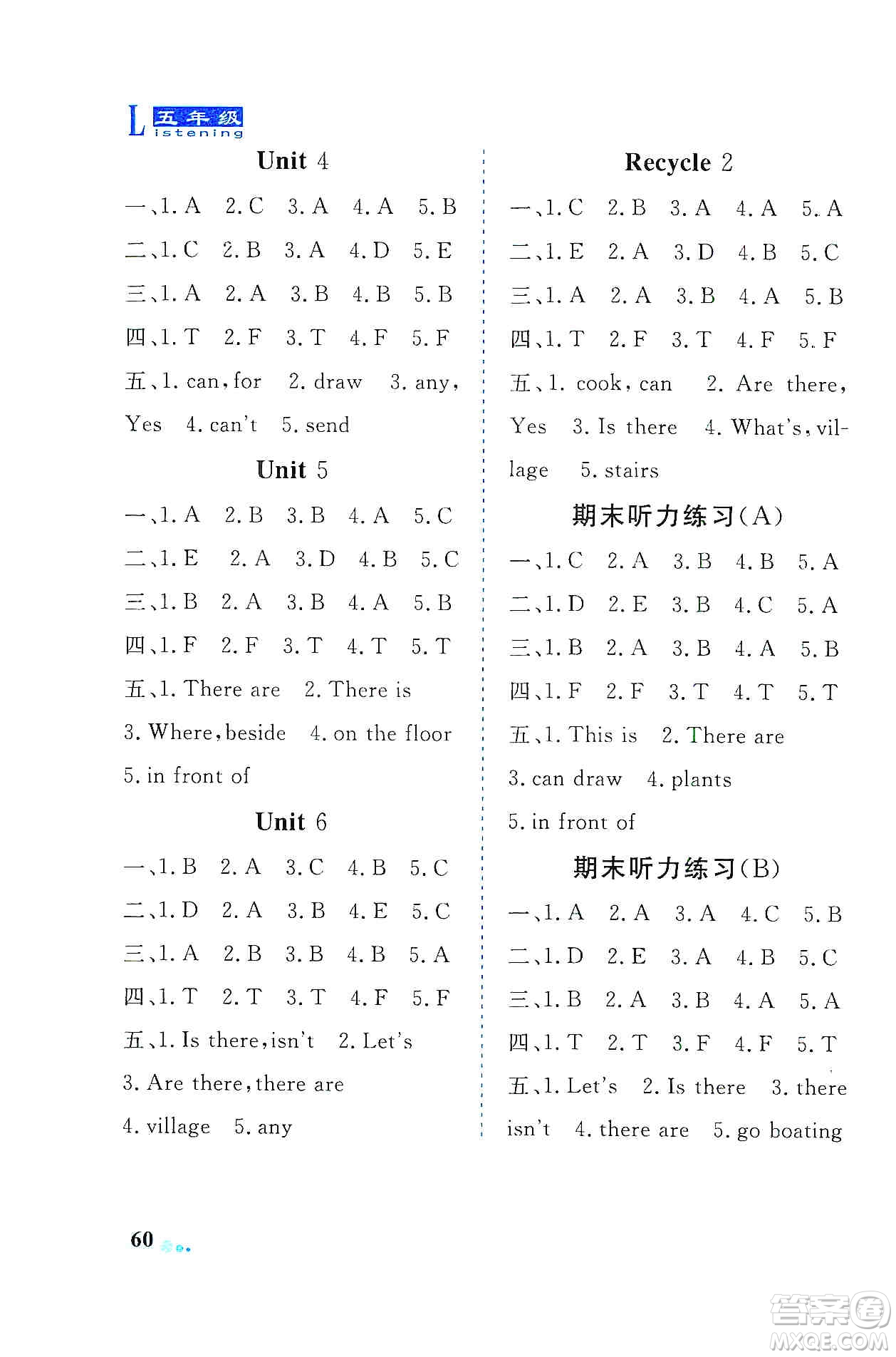 山東科學技術出版社2019英語同步聽力練習冊五年級上冊答案