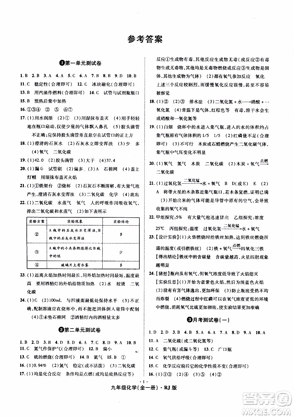 2019年魔力一卷化學九年級全一冊RJ版人教版參考答案