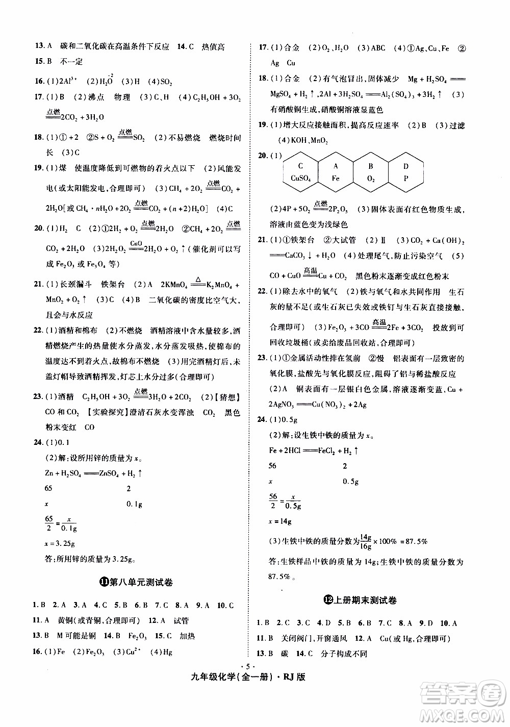 2019年魔力一卷化學九年級全一冊RJ版人教版參考答案