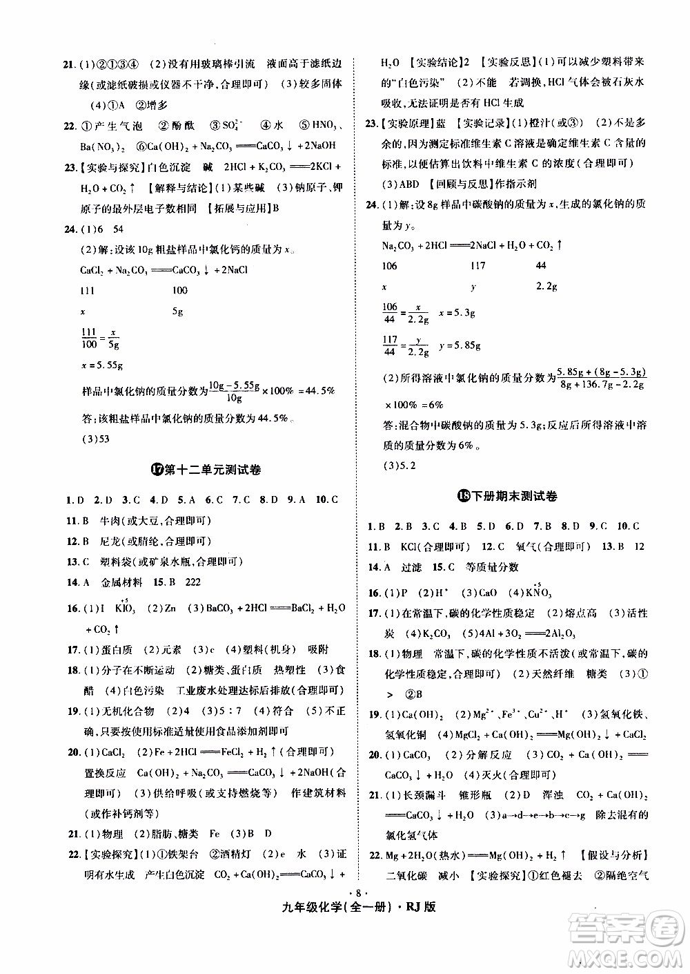 2019年魔力一卷化學九年級全一冊RJ版人教版參考答案