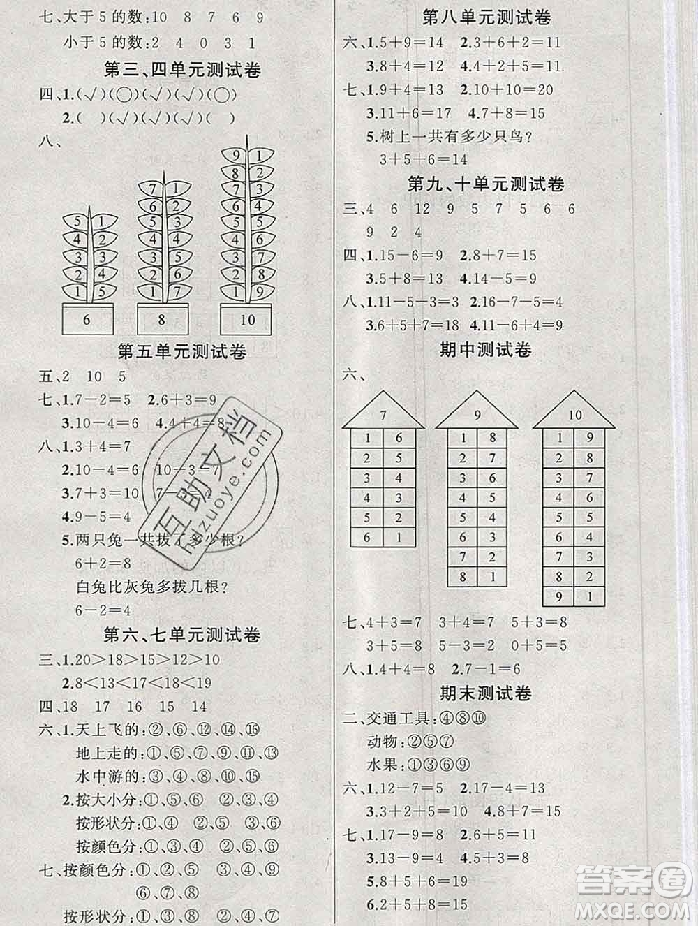 新疆青少年出版社2019秋黃岡金牌之路練闖考一年級數(shù)學(xué)上冊冀教版答案