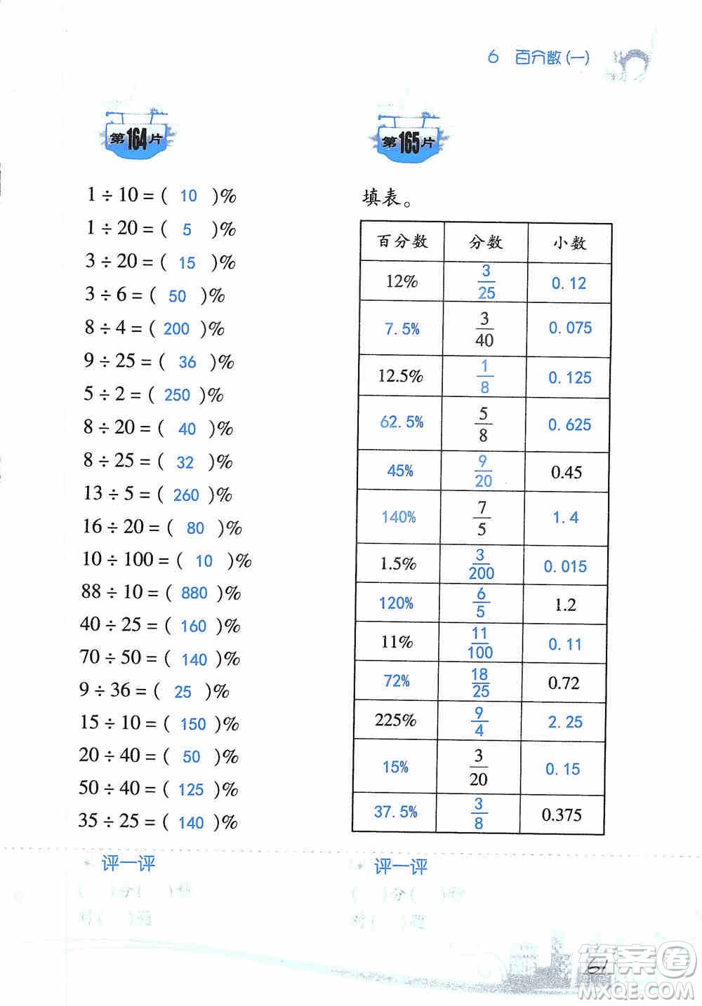 浙江教育出版社2019小學(xué)數(shù)學(xué)口算訓(xùn)練六年級(jí)上冊(cè)人教版答案