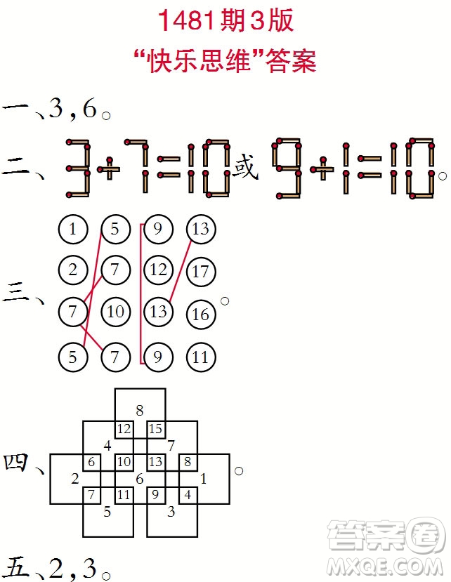 2019年小學(xué)生數(shù)學(xué)報一年級上學(xué)期第1481期答案