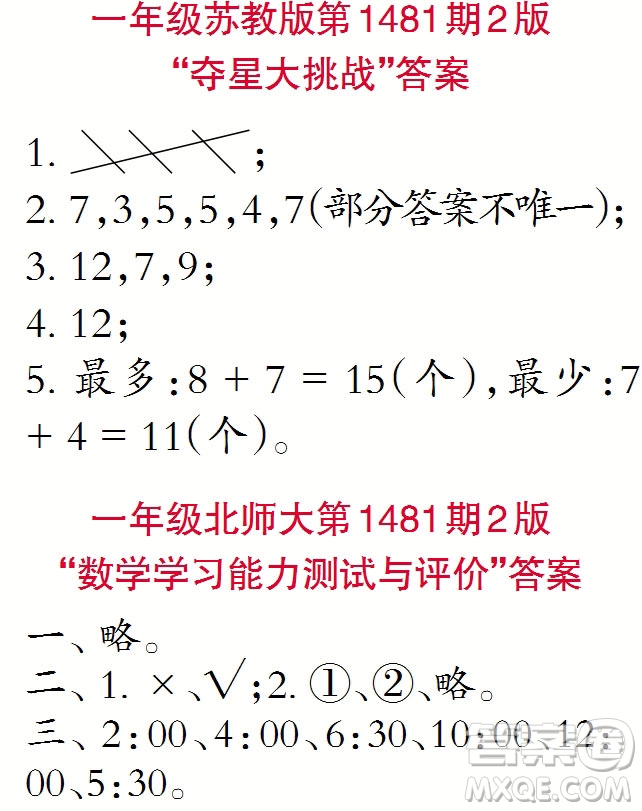 2019年小學(xué)生數(shù)學(xué)報一年級上學(xué)期第1481期答案