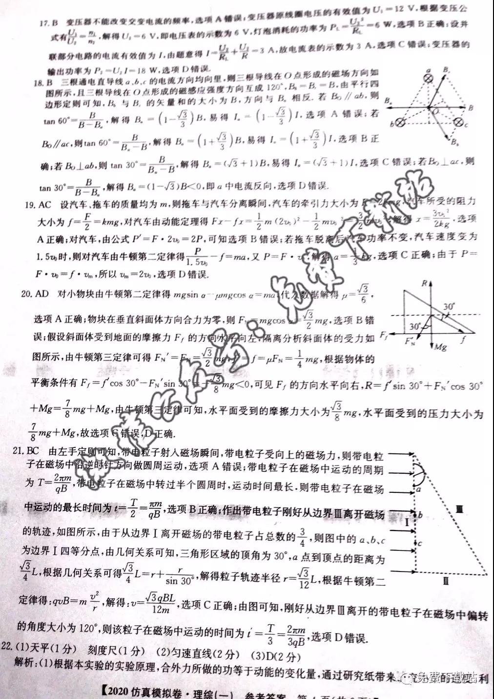 2020年普通高校招生全國統(tǒng)一考試仿真模擬全國卷理綜物理答案