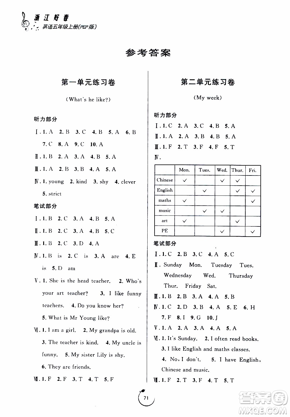 寧波出版社2019年浙江好卷英語五年級上冊PEP版人教版參考答案