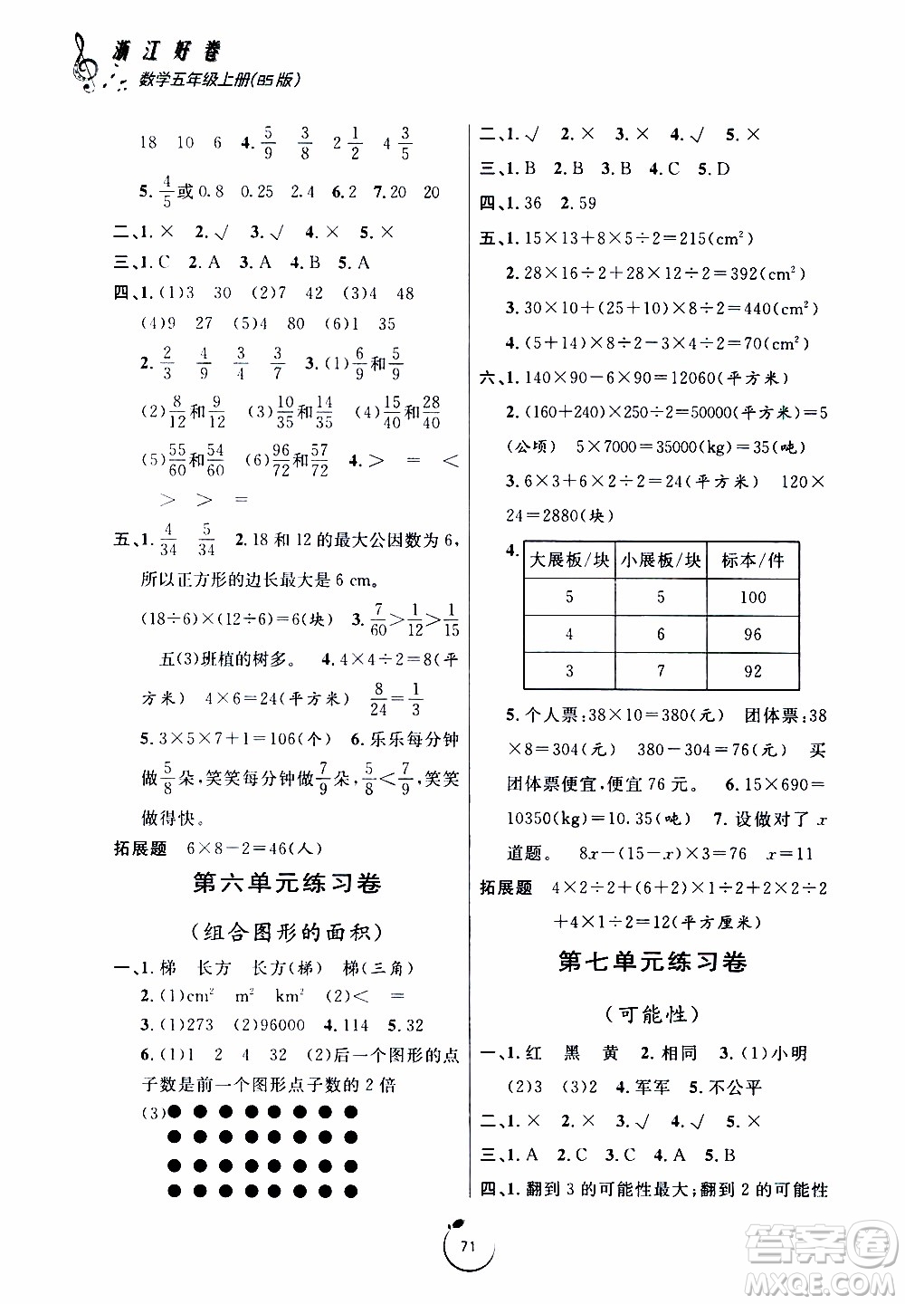 寧波出版社2019年浙江好卷數(shù)學(xué)五年級上冊BS版北師版參考答案