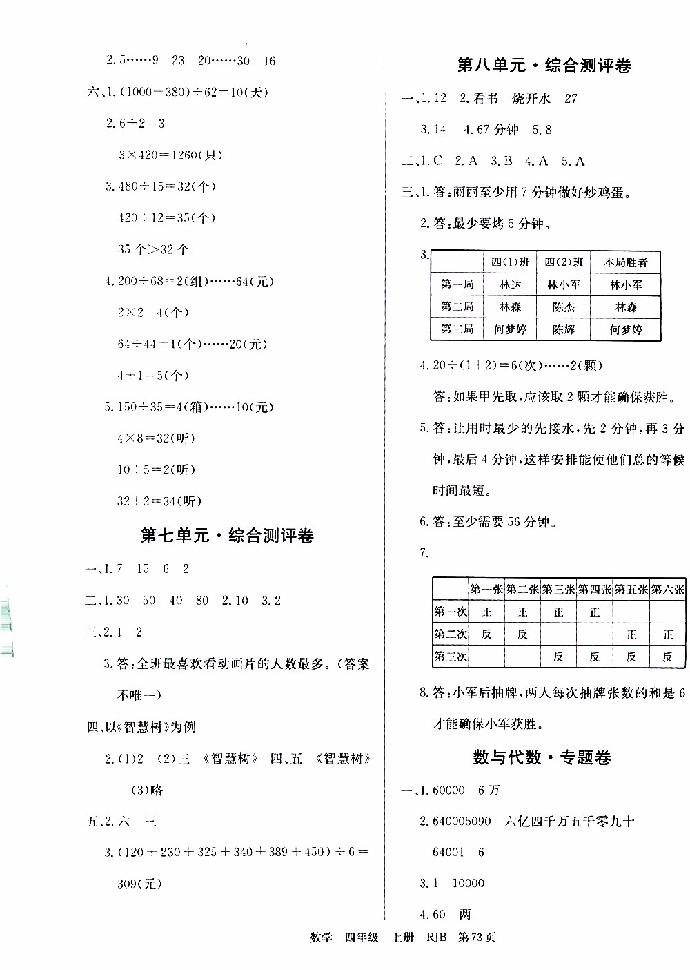 2019年單元測評卷數(shù)學(xué)優(yōu)優(yōu)好卷四年級上冊人教版參考答案