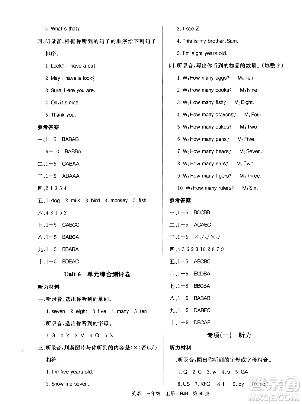 2019年單元測(cè)評(píng)卷英語(yǔ)優(yōu)優(yōu)好卷三年級(jí)上冊(cè)人教版參考答案